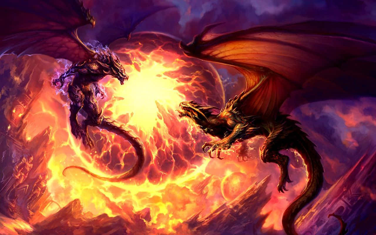 Two Dragons Fighting In Front Of A Fire Wallpaper