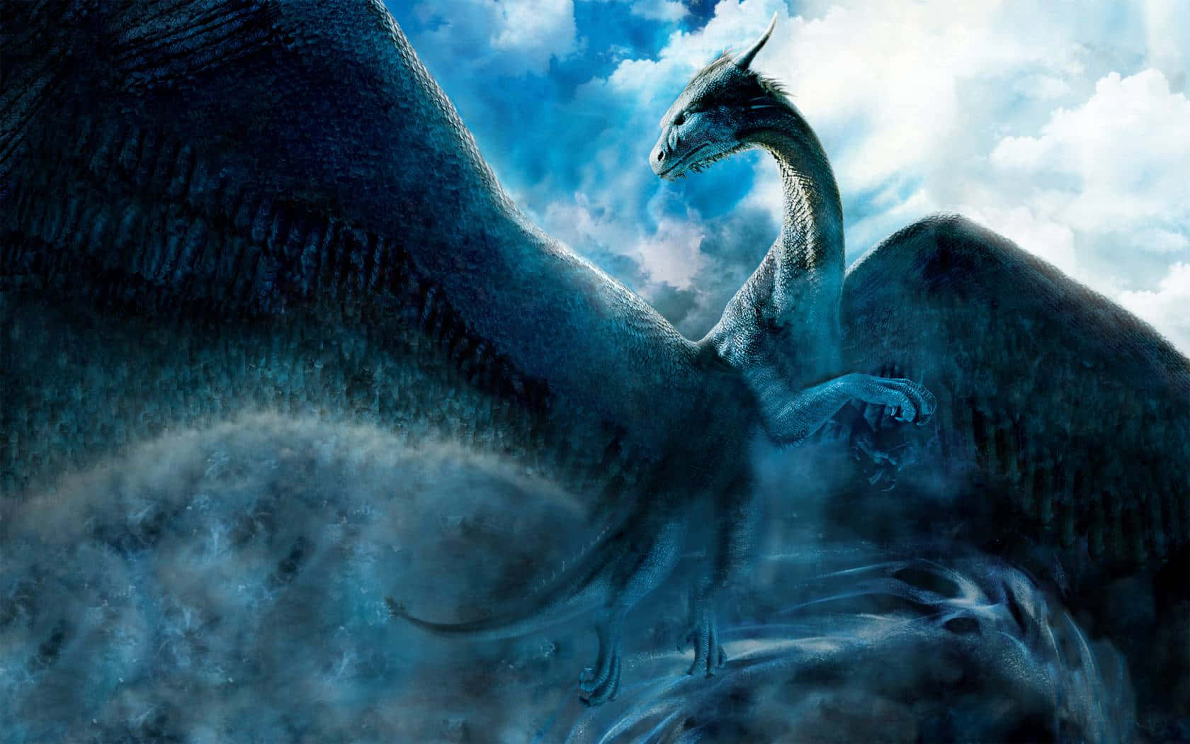 An awesome cool dragon perched atop a rock with wings spread wide. Wallpaper