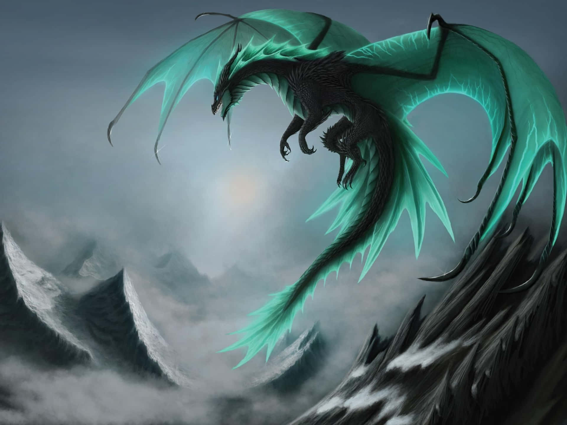En fjendtlig og majestætisk Awesome Cool Dragon strækker sine vinger. Wallpaper