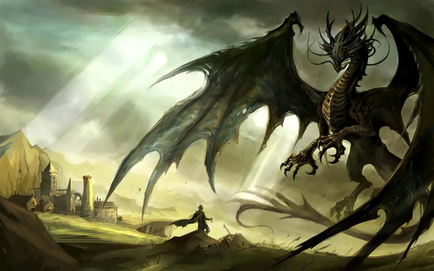 A Dragon Is Flying Over A Castle Wallpaper