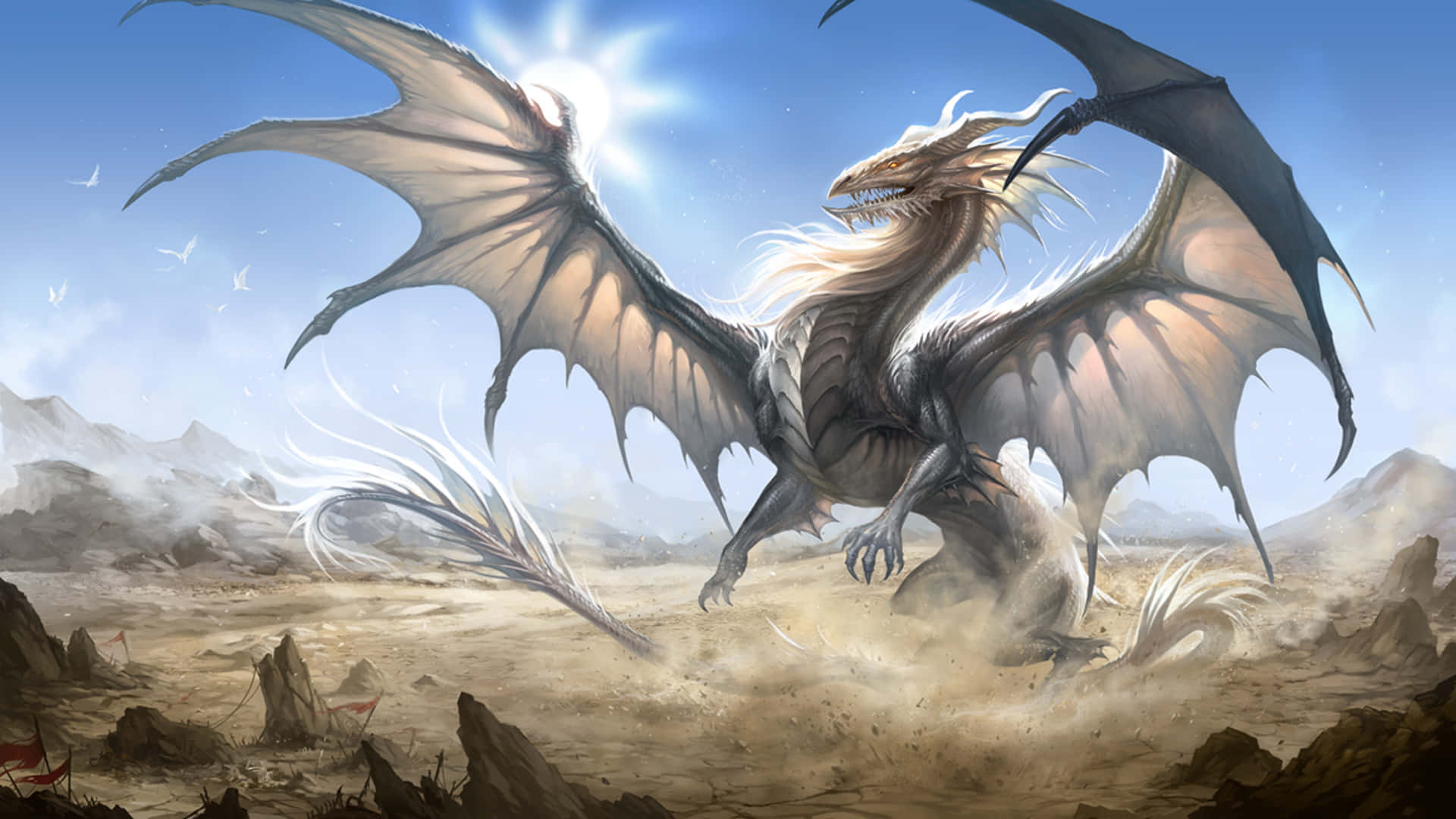 An awesome dragon flying through the night sky. Wallpaper