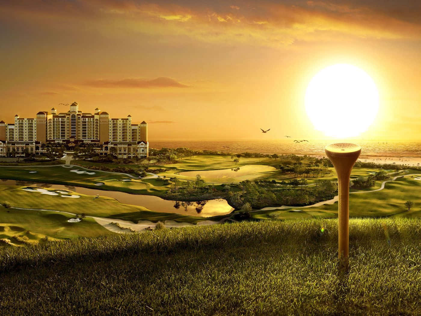 A Golf Club With A Light On It In The Middle Of A Golf Course Wallpaper