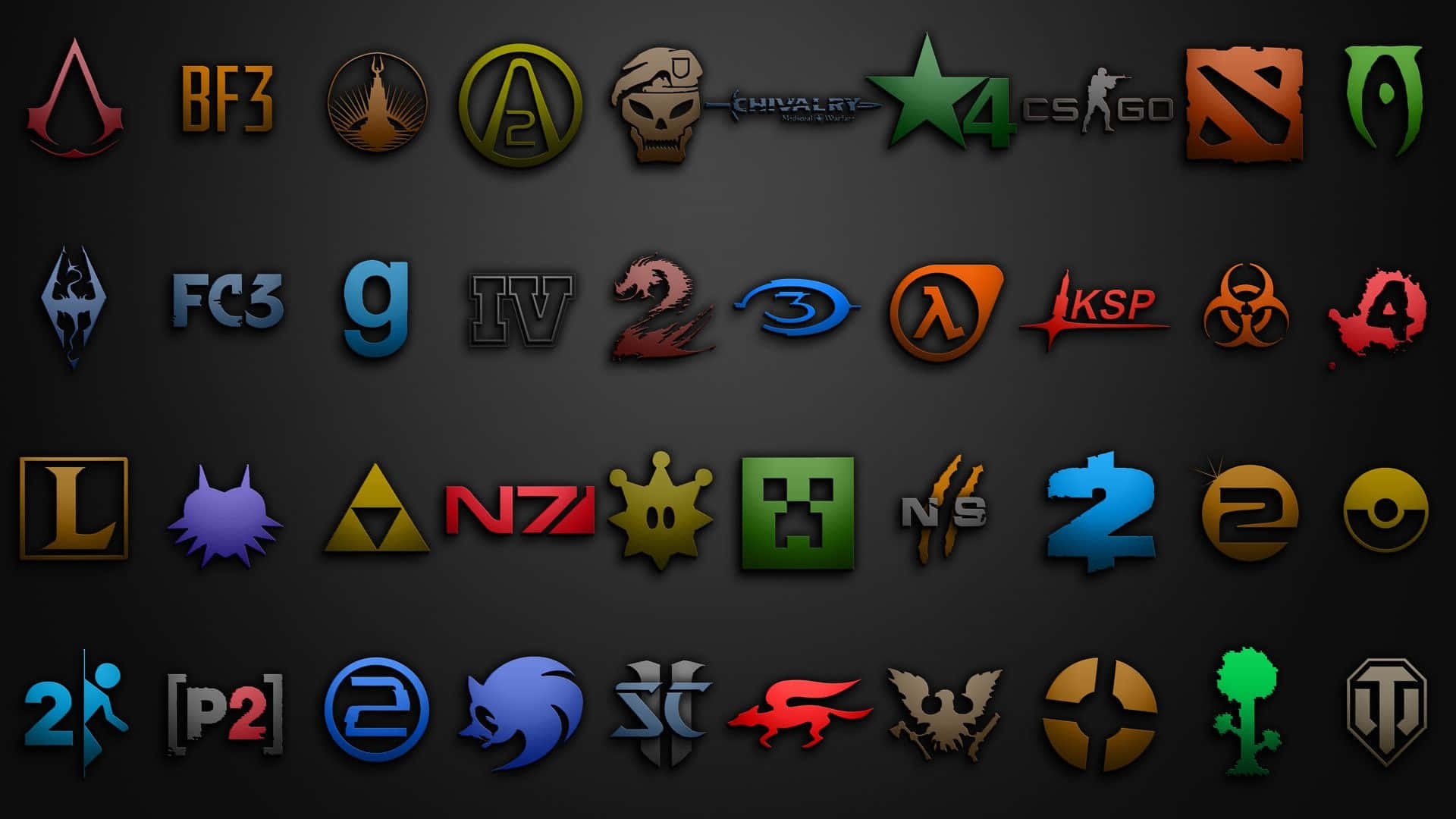 En samling af forskellige spil logos på en sort baggrund Wallpaper