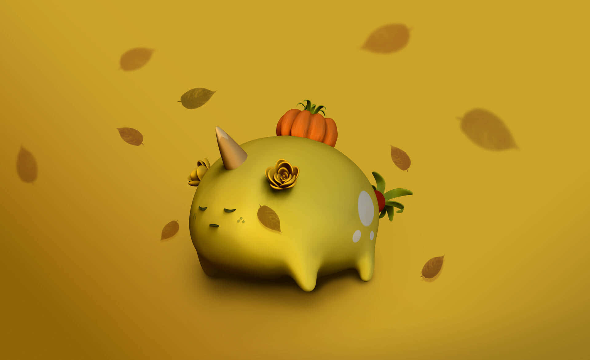 A Yellow Unicorn With Pumpkins Flying Around It