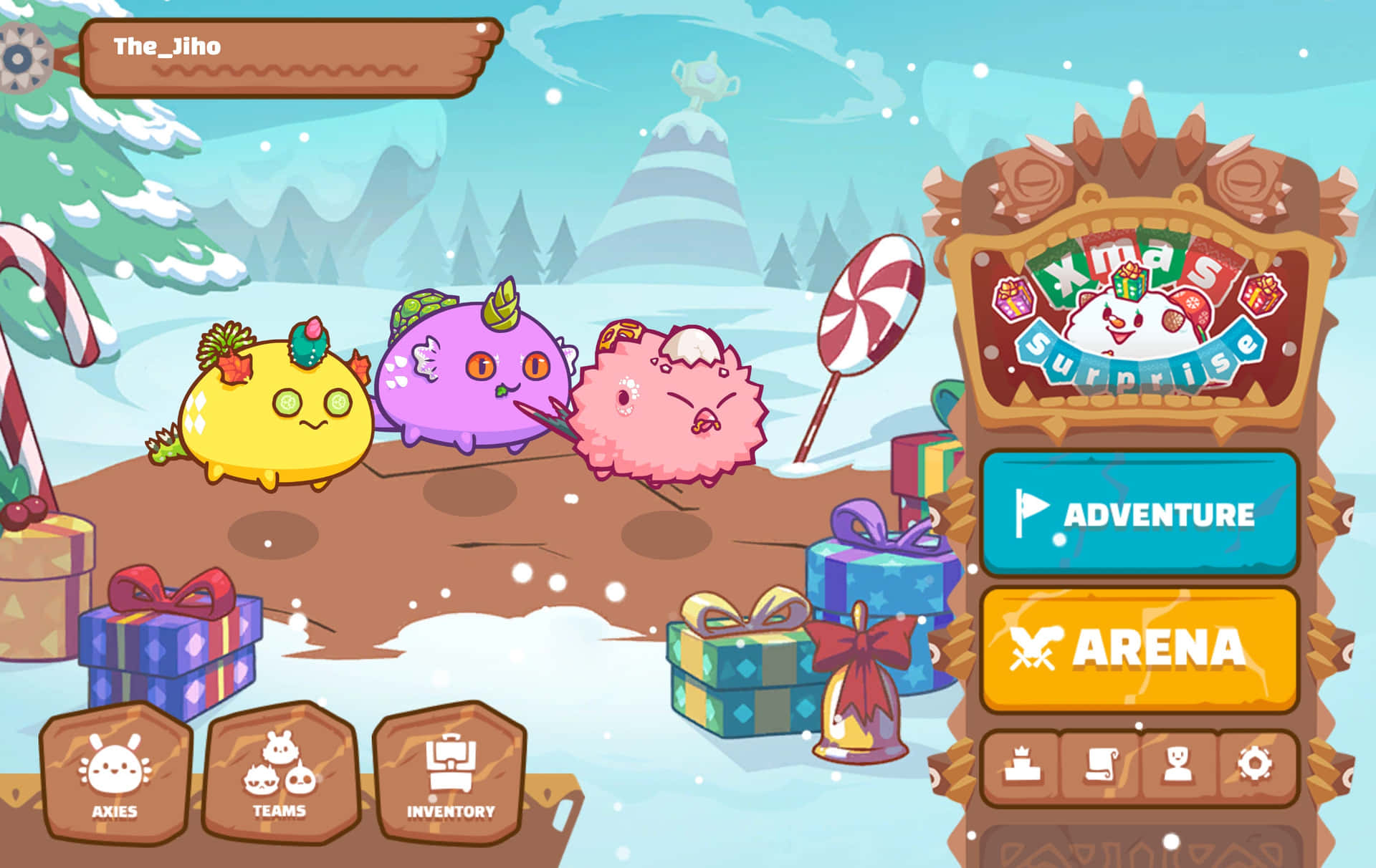 A Game Screen Showing A Christmas Scene With A Lot Of Gifts