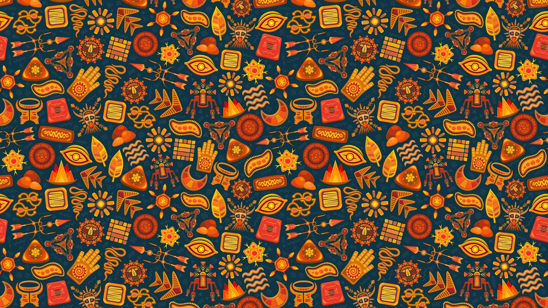 Set of vibrantly-colored Aztec-inspired icons and patterns for designs Wallpaper