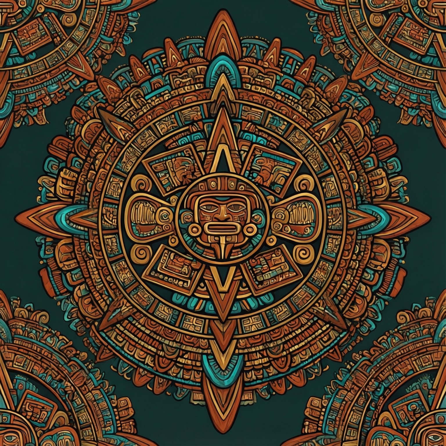 Symmetrisk aztekisk mandala med jordfarger og intrikate motiver.