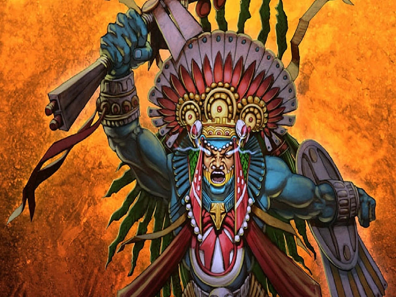 A daring Aztec Warrior dressed in ancient garb Wallpaper