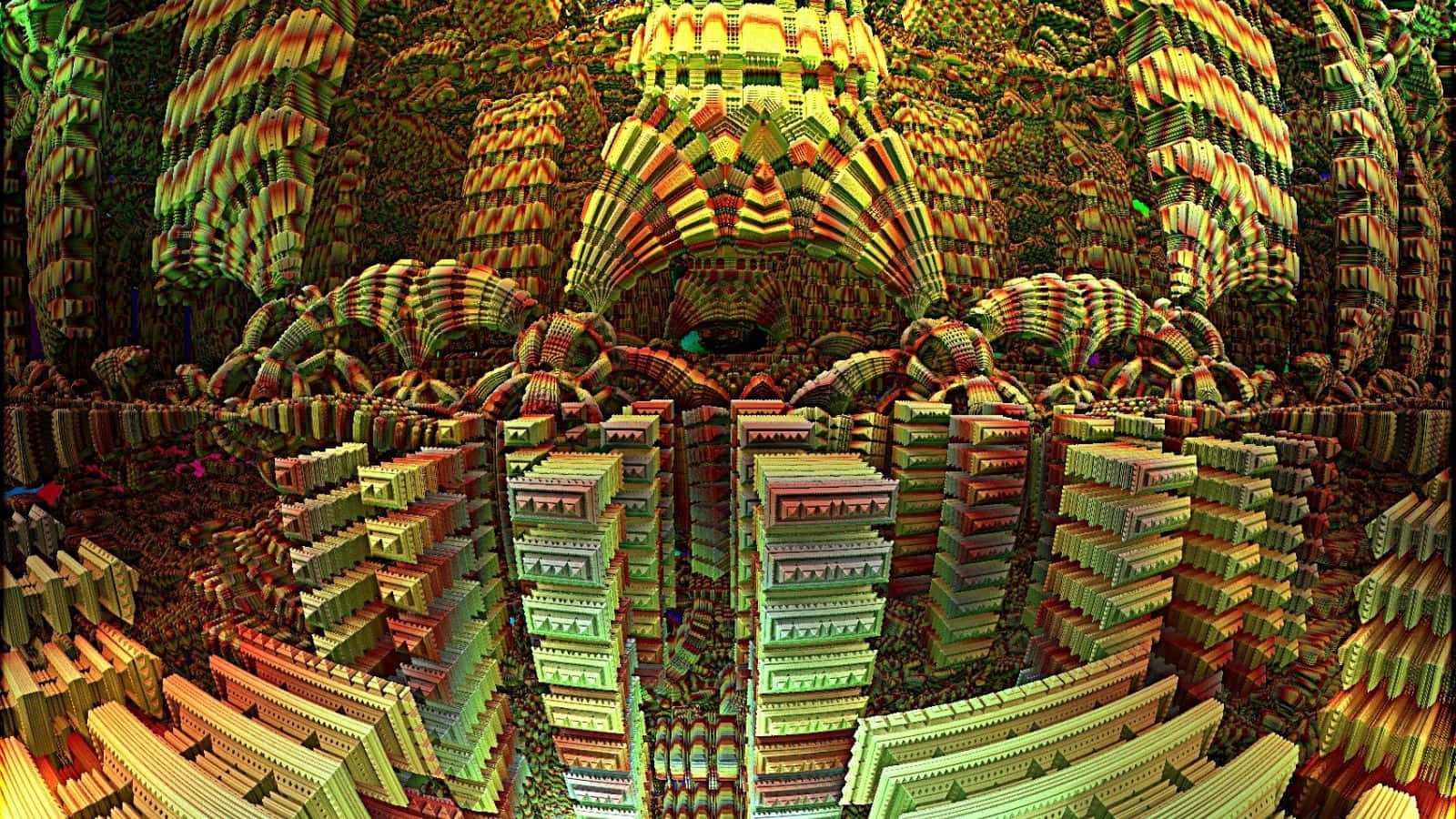Et 3D billede af en bygning med mange forskellige farver Wallpaper