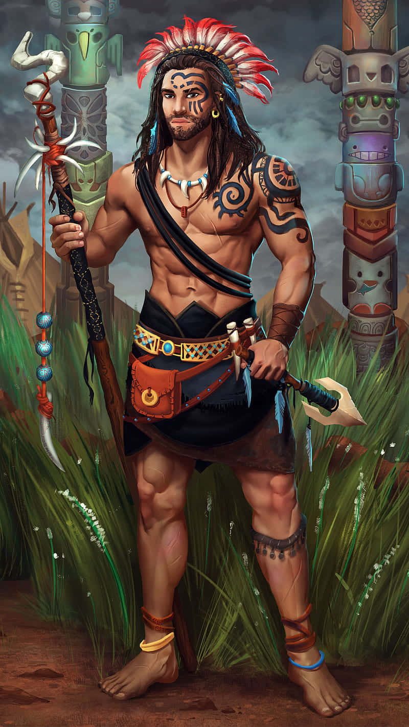 Noble Aztec Warrior Ready to Fight Wallpaper