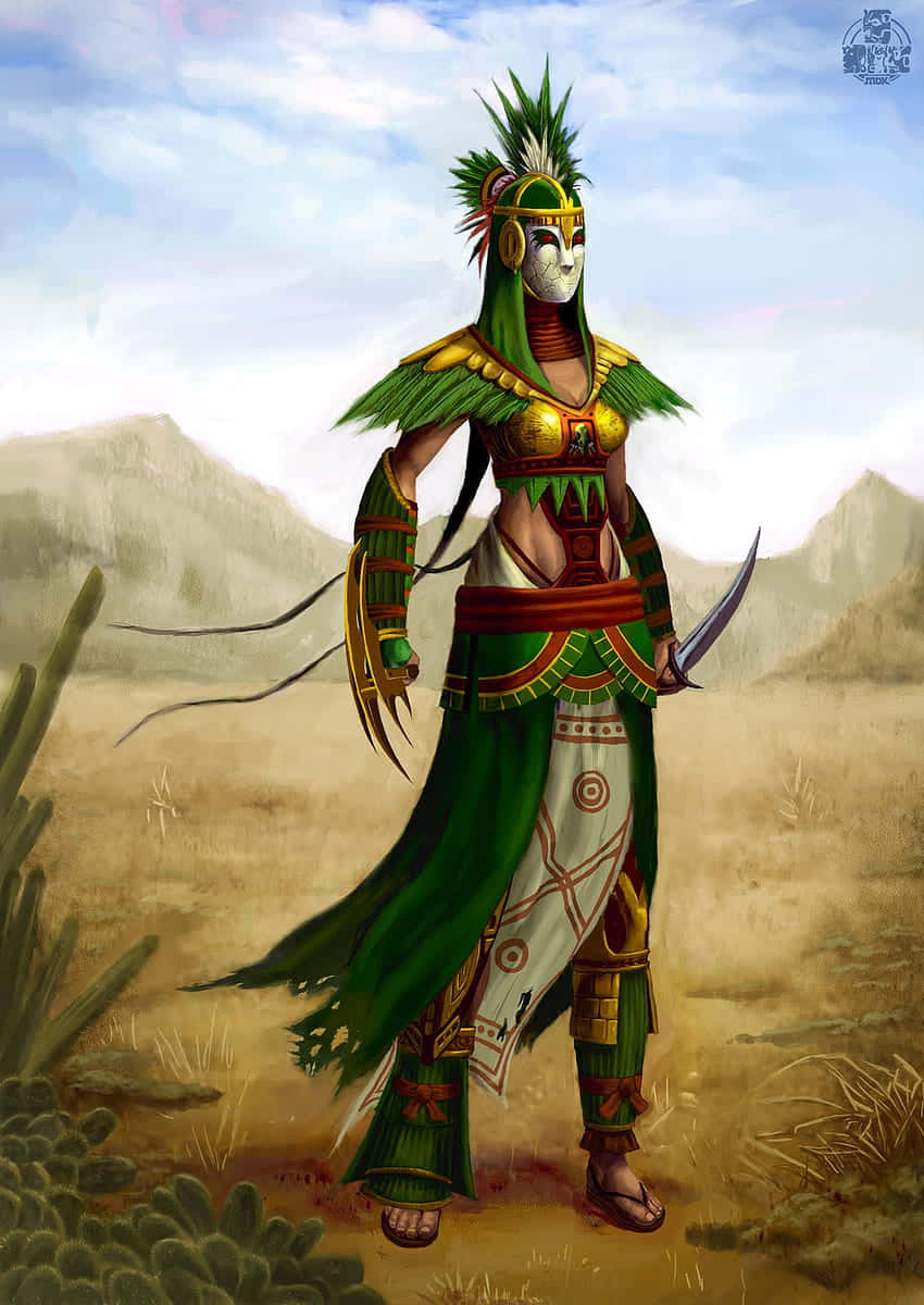 En aztekisk kriger viser sit beskyttelsesudstyr og kampstyrke. Wallpaper