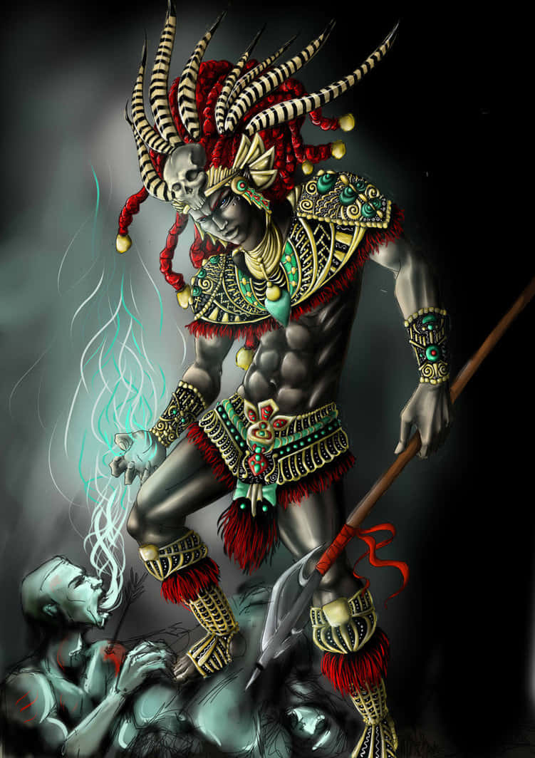 En sabeltandet azteker kriger med en spyd står klar ved kanten af en pyramide. Wallpaper