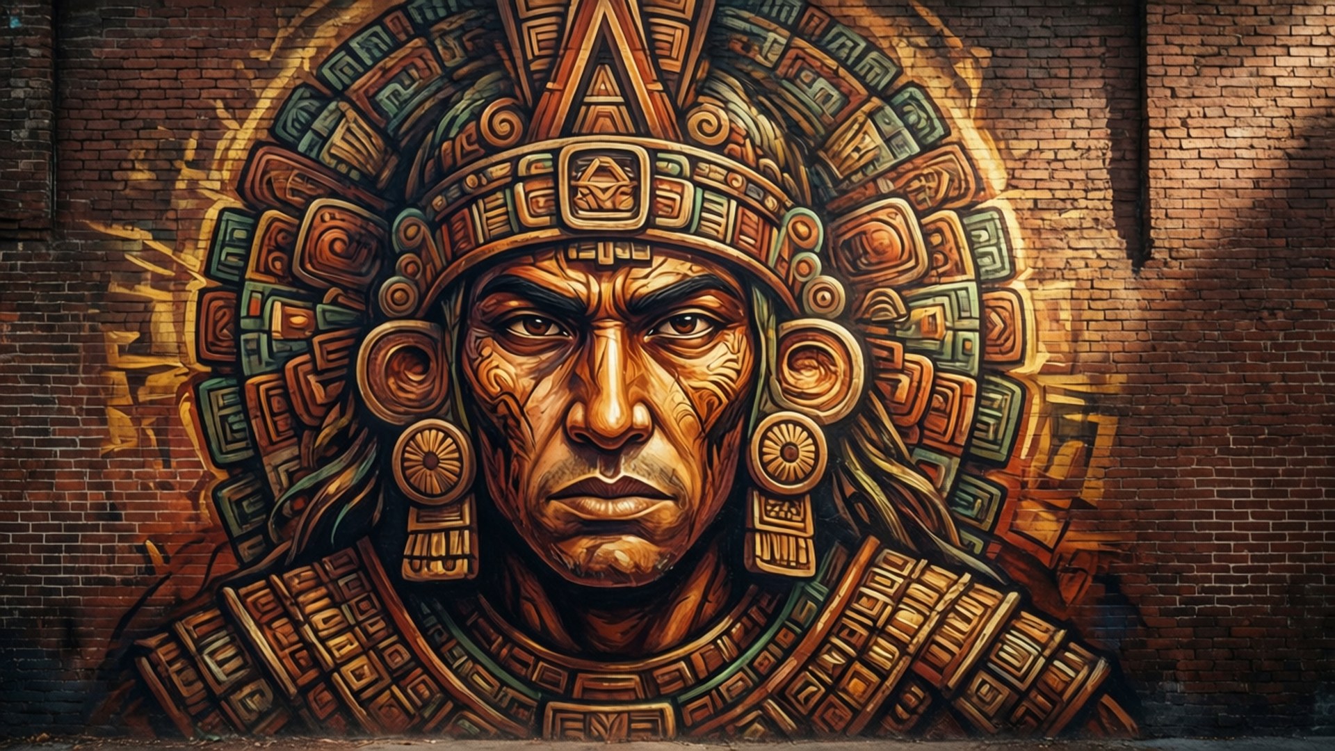 Fantastisk Chicano-målning av en aztekisk krigare på tegelvägg med geometriska mönster.