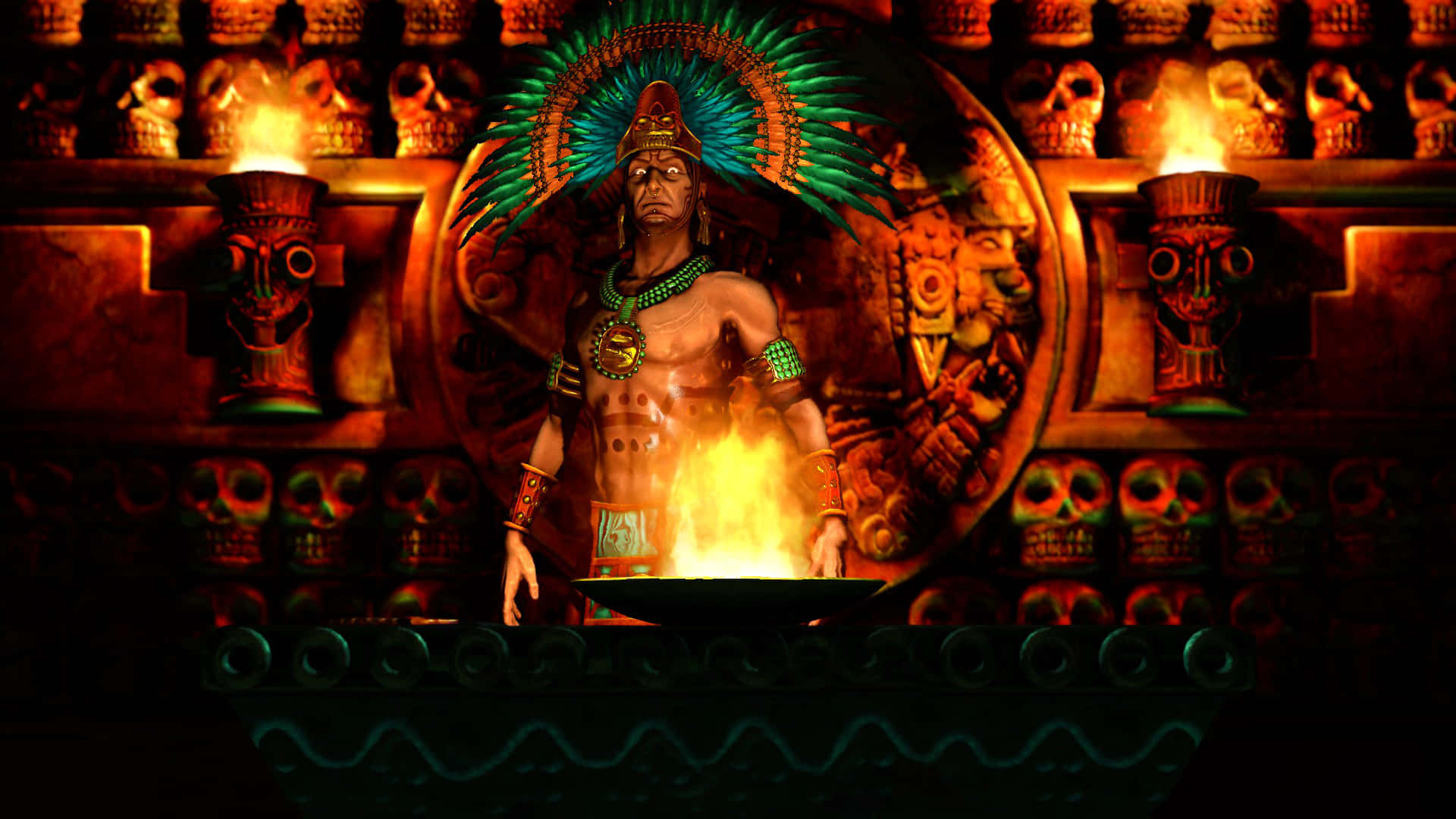 A Powerful Aztec Warrior Ready for Battle Wallpaper