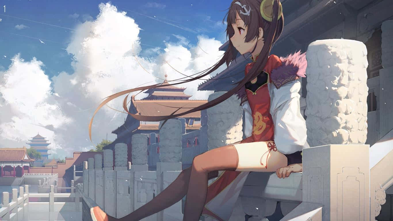 A Girl Sitting On A Ledge With A City In The Background