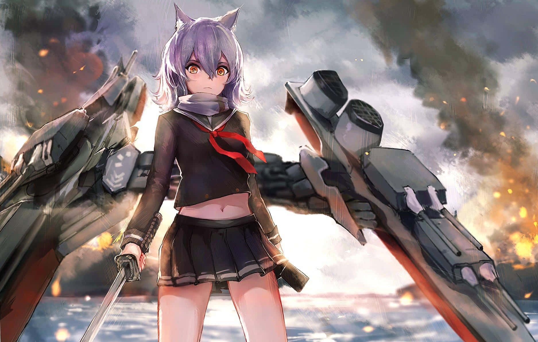 a girl in a uniform standing next to a large ship