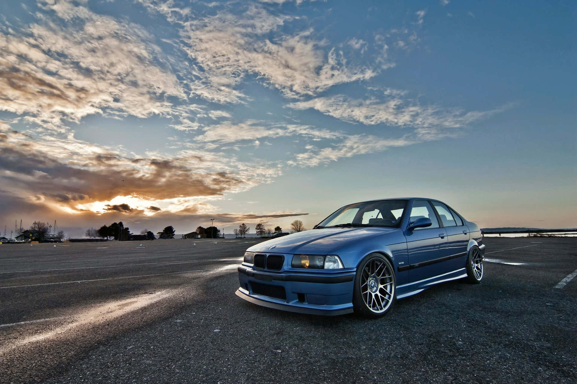 B M W E36 Blue Coupe Sunset Parking Lot Wallpaper