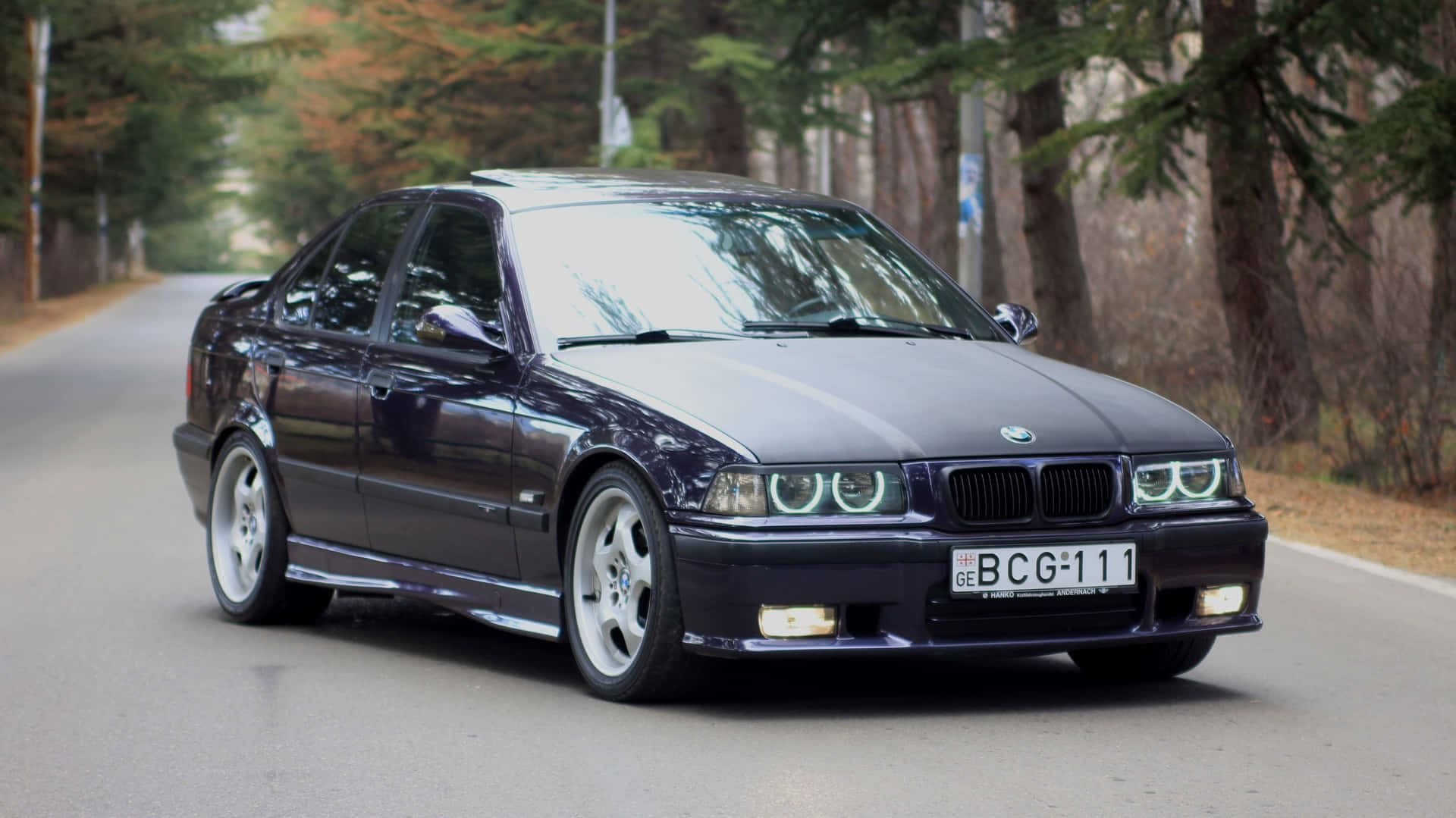 B M W E36 Sedan Forest Road Wallpaper