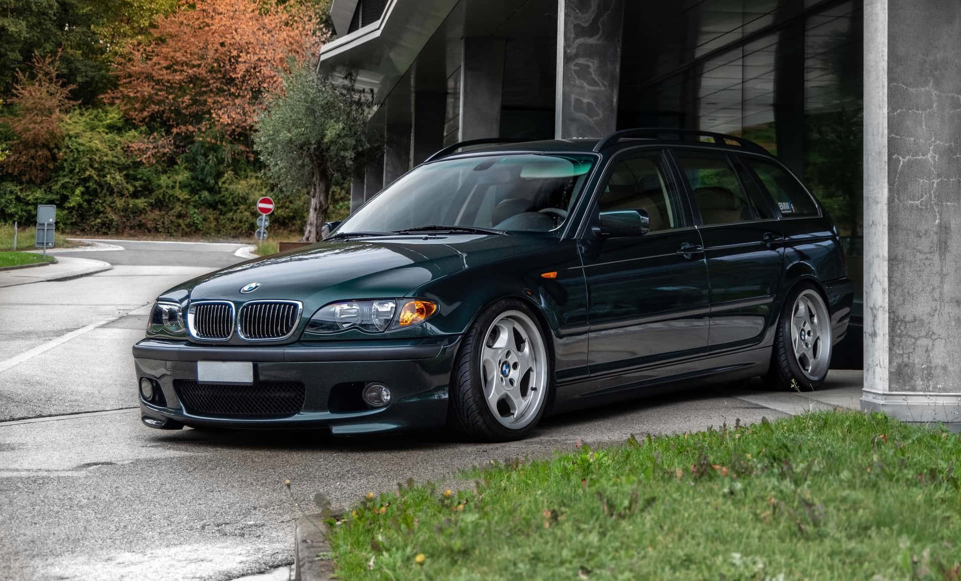 B M W E46 Touring Green Parked Outdoors Wallpaper