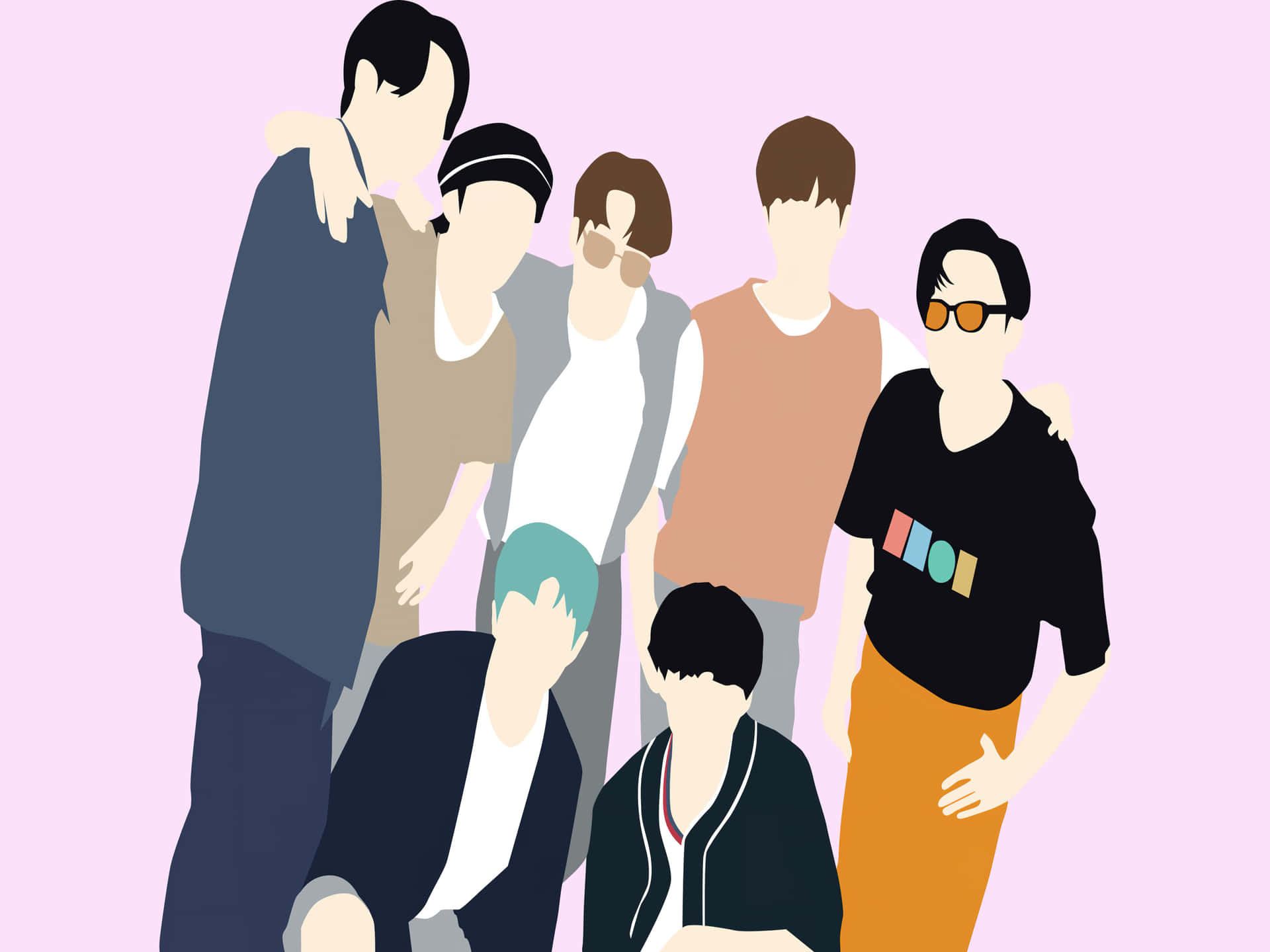 B T S Group Illustration Pink Background Wallpaper