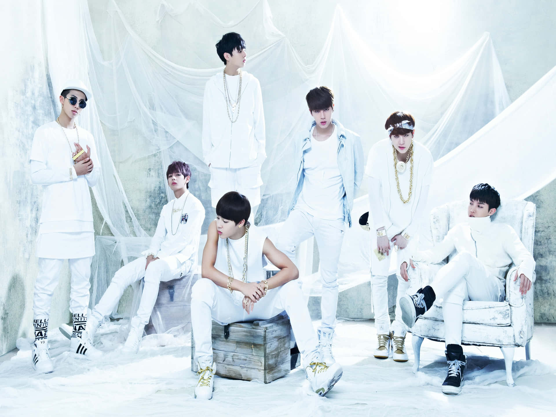 B T S_ Group_in_ White_ Attire Wallpaper