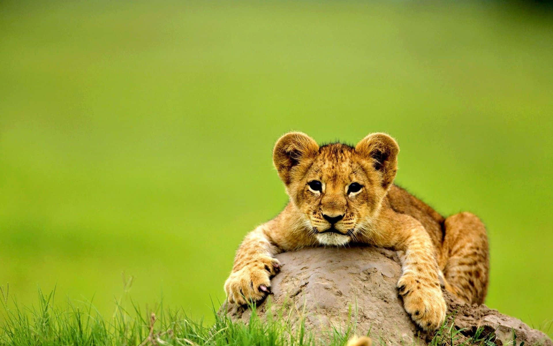 En løveunge sidder på en klippe i græsset.