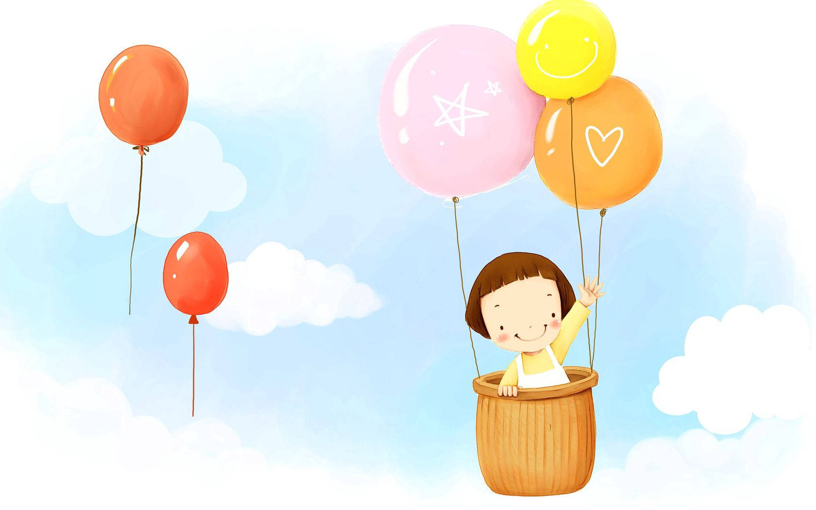 An adorable baby looks with wonder at the colorful balloons in the sky Wallpaper