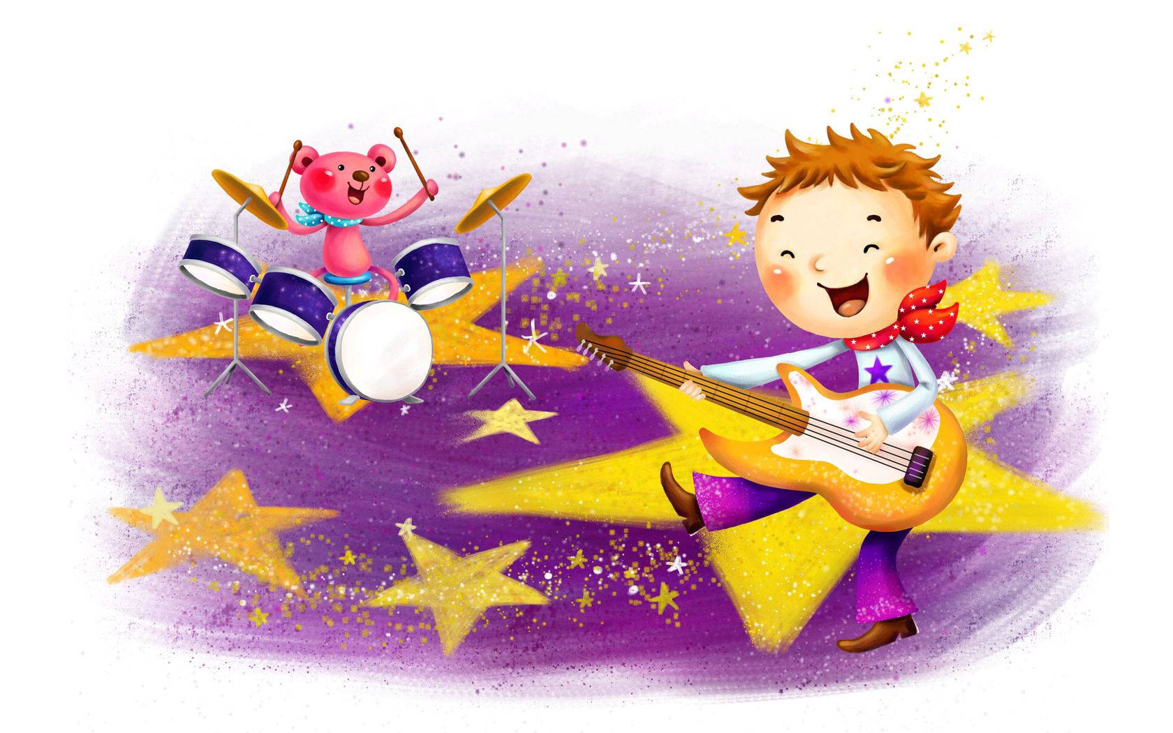 Image  Baby boy finds joy in playing the guitar and drums Wallpaper