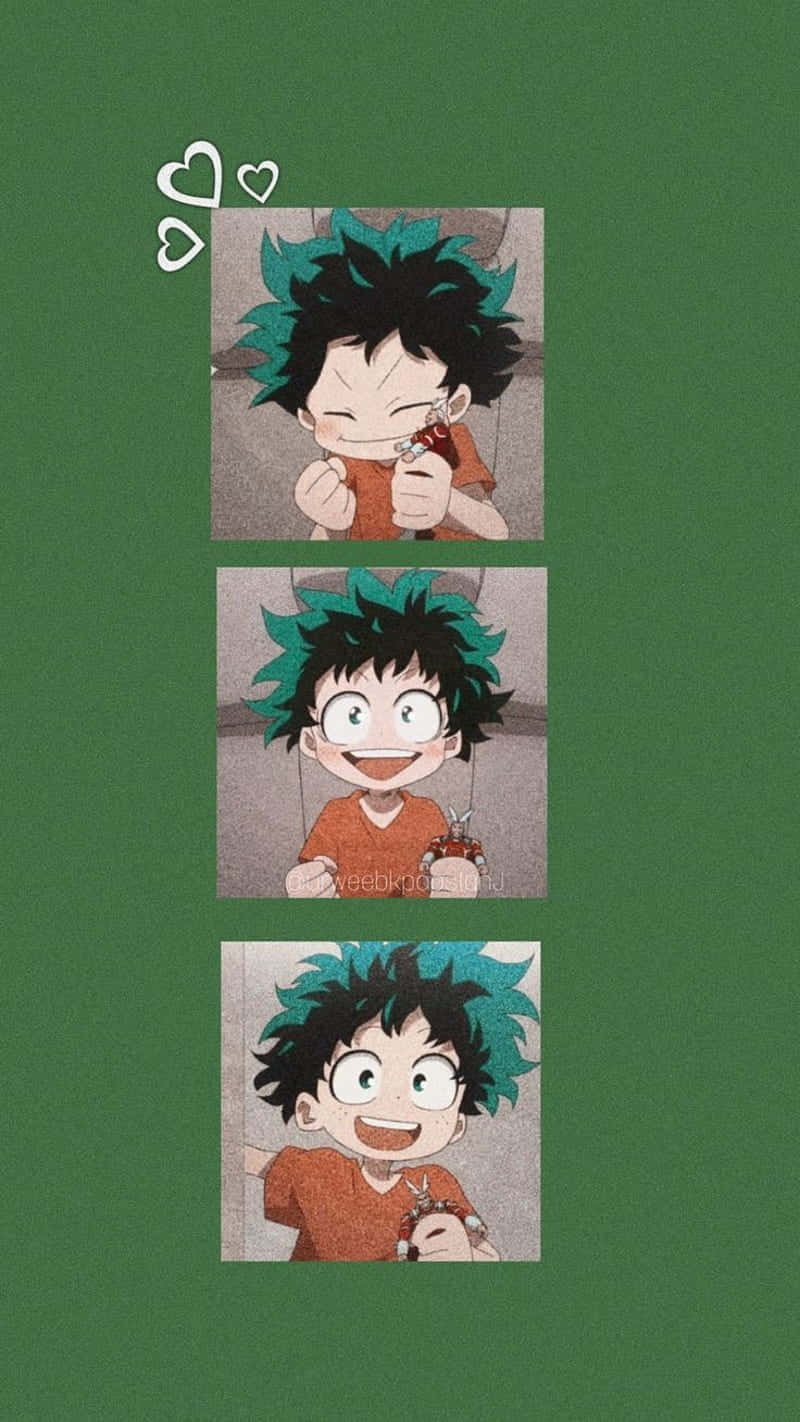A Green Background With Four Pictures Of A Boy With Green Hair Wallpaper