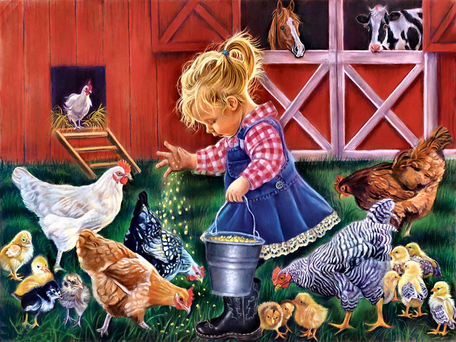 Baby Feeding Chicken Animals On The Farm Wallpaper