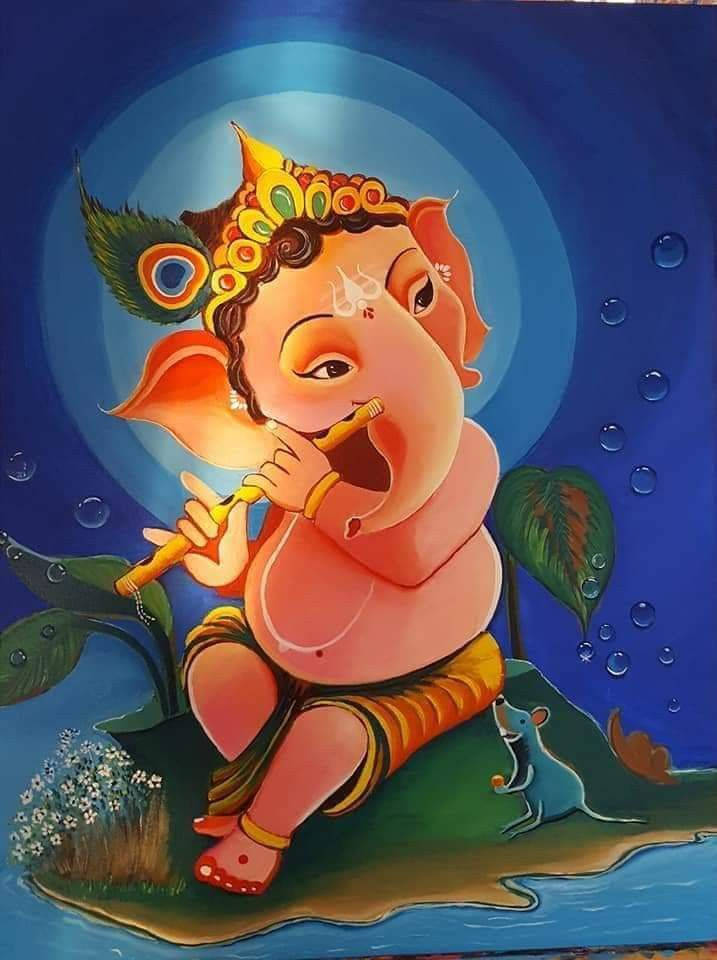 Baby Ganesh spiller fløjte i rummet Wallpaper