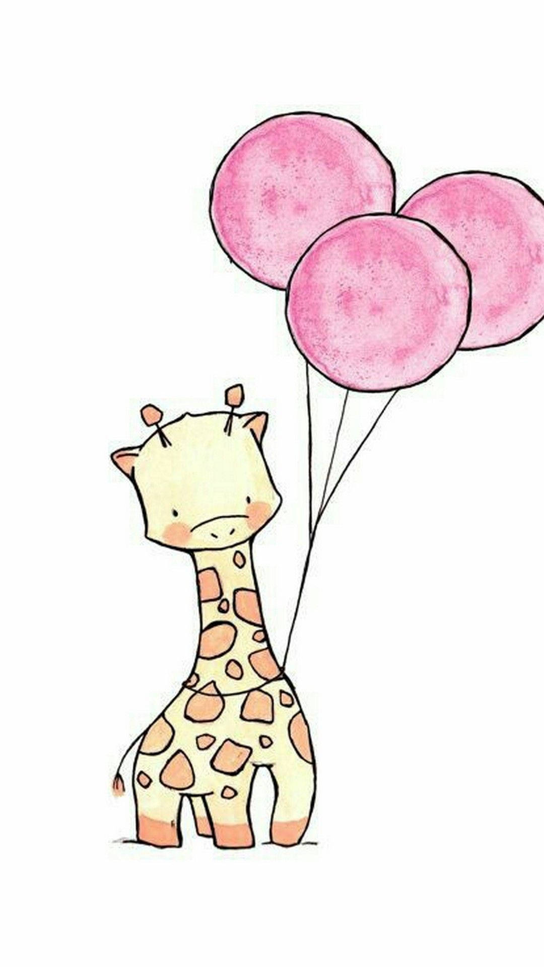 Baby Giraffe With Pink Balloons Art Wallpaper