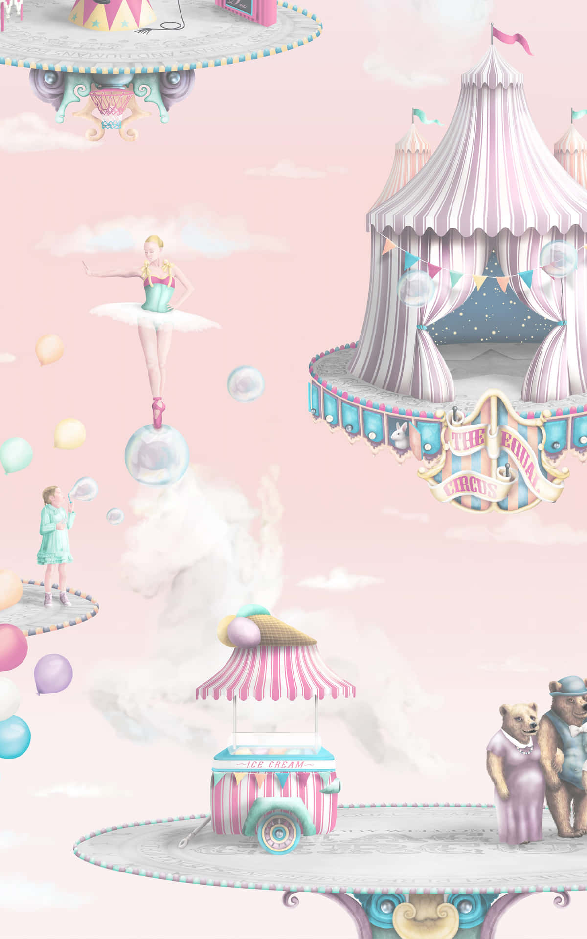 A Pink And White Circus Scene With Balloons And A Clown Wallpaper