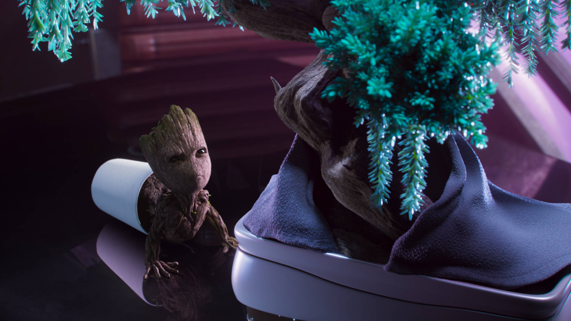 Baby Groot And A Small Tree Plant Wallpaper