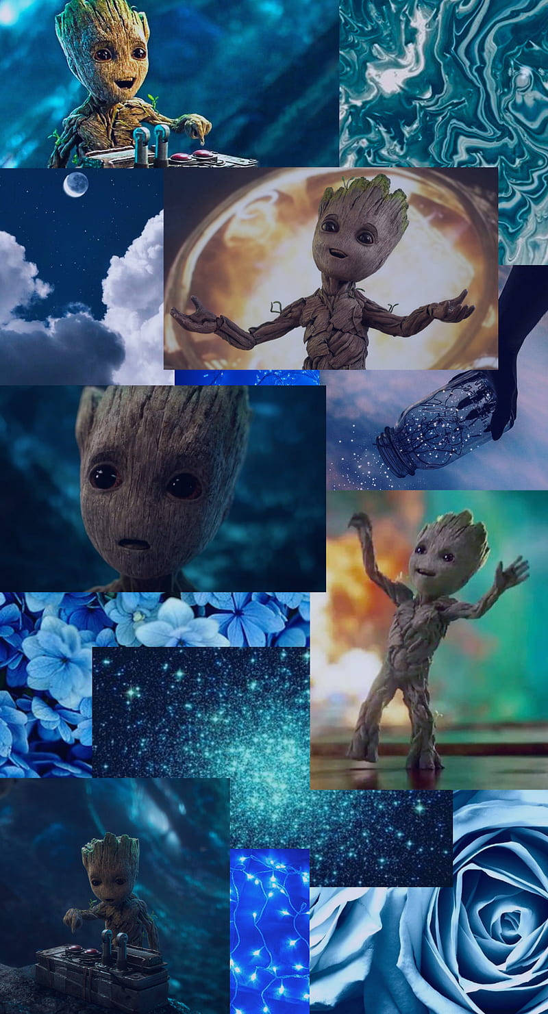 Baby Groot Blå Collage: Wallpaper