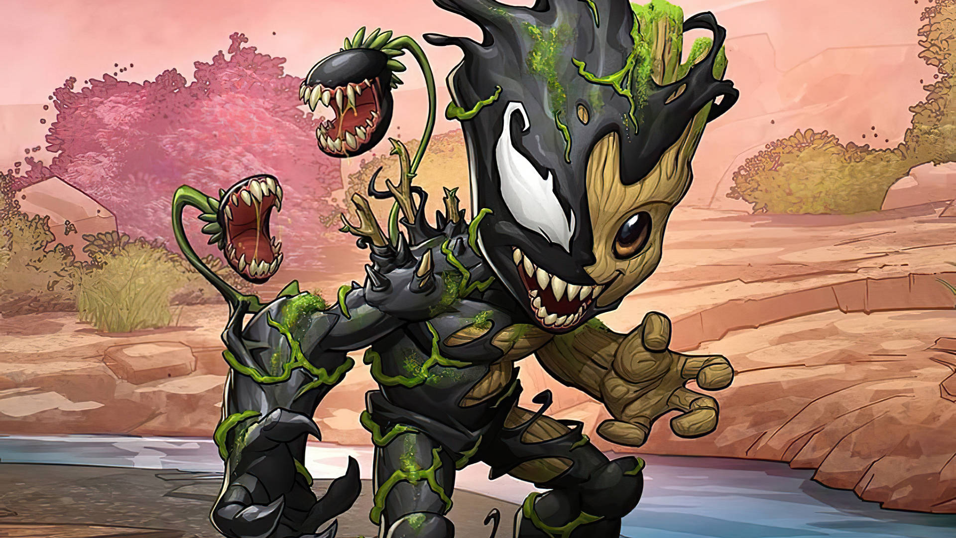 Baby Groot Och Venom Wallpaper