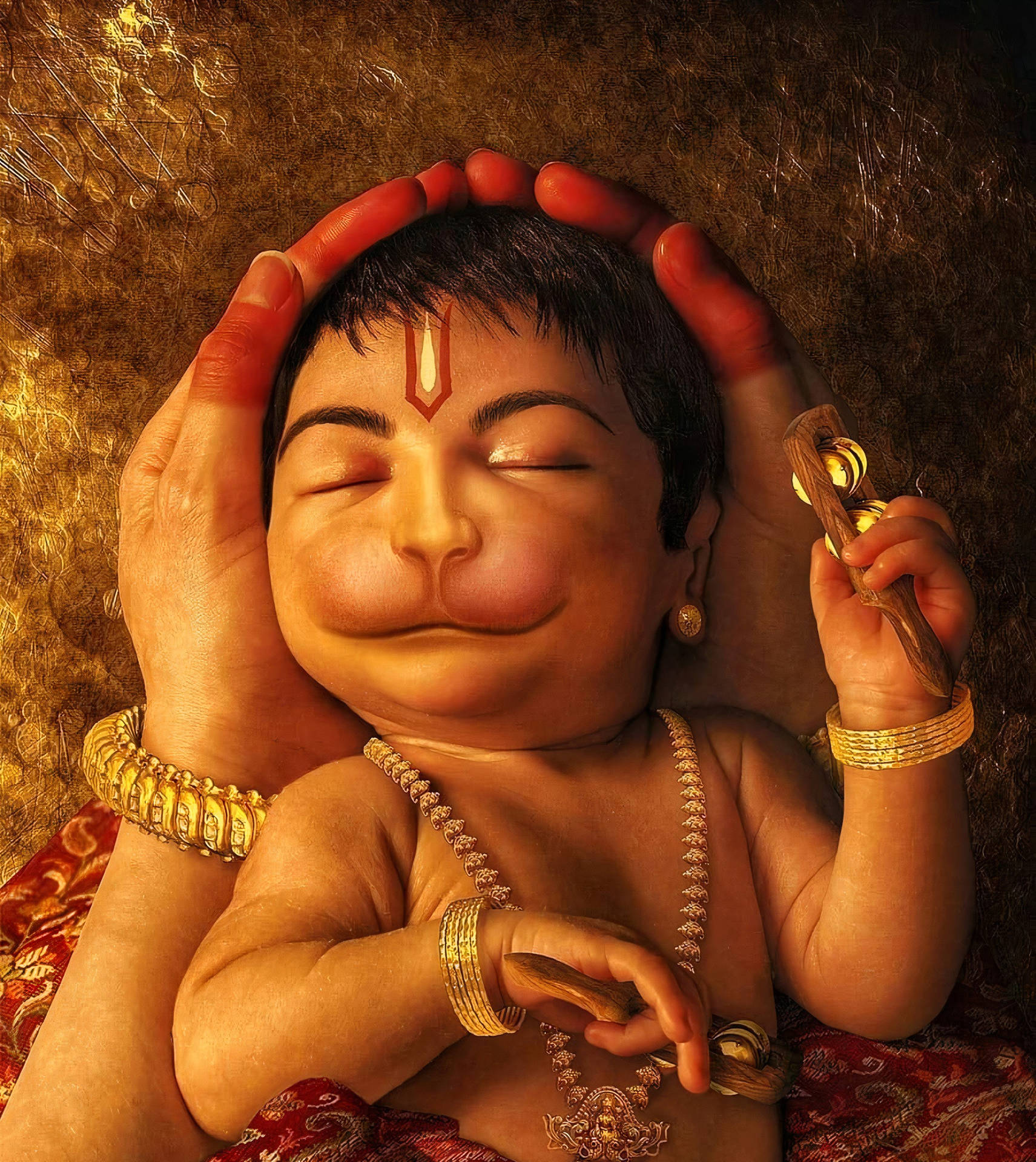 Baby Hanuman håndteret af Guds hænder Wallpaper