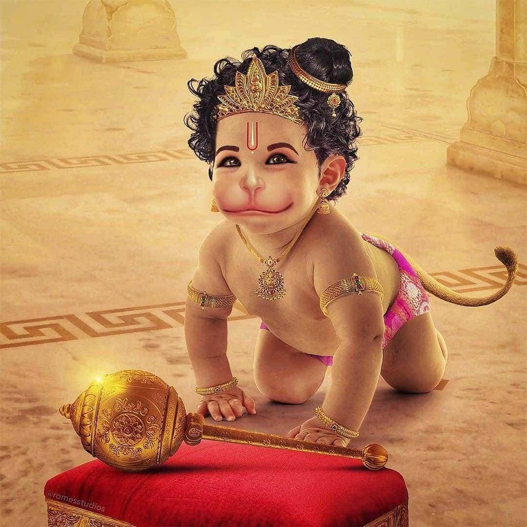 Baby Hanuman Holding Golden Scepter