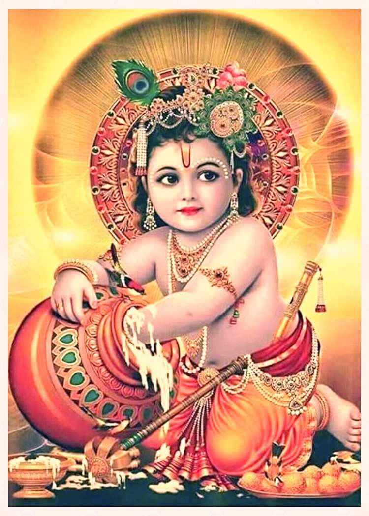 Divine Baby Krishna Ji Enjoying Heavenly Butter Wallpaper