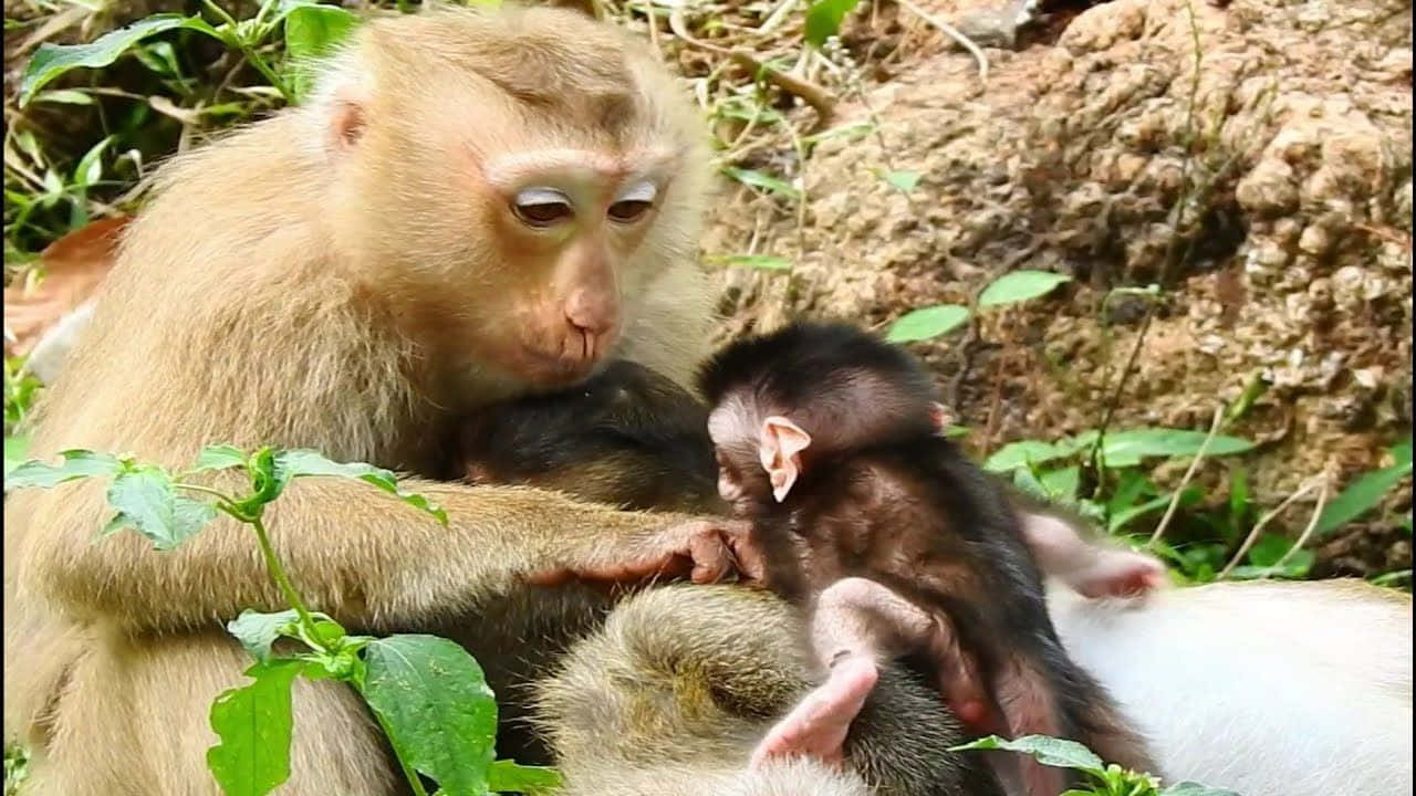 A Monkey Is Feeding Its Baby In The Jungle