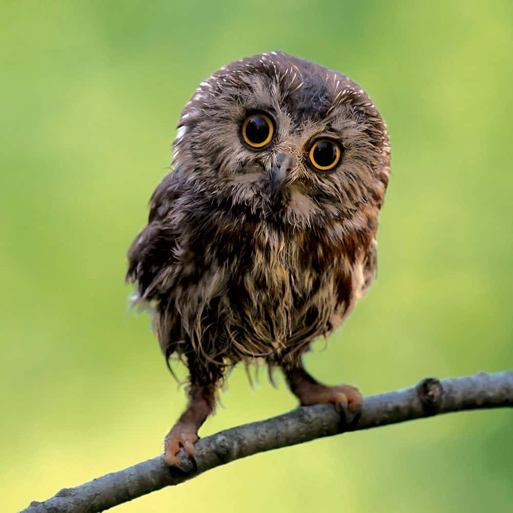 A fluffy baby owl looking curiously at the camera.