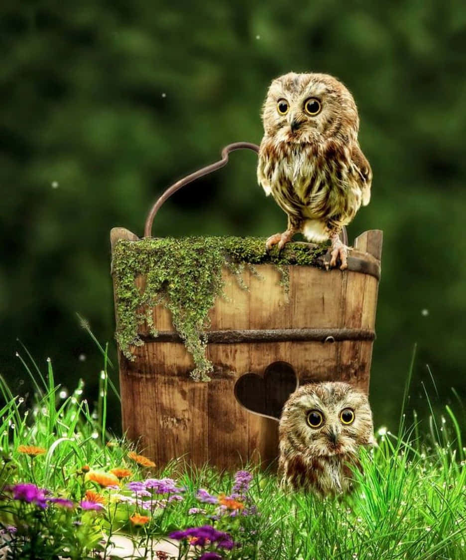 Two Owls Sitting On A Wooden Bucket In The Grass