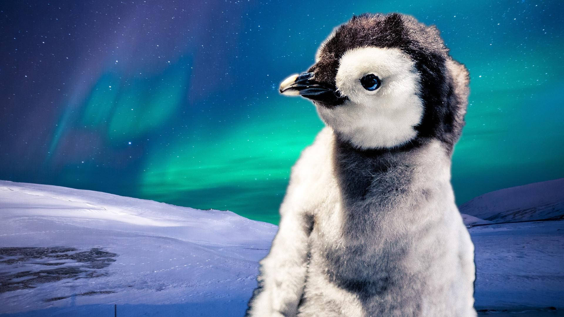 Baby pingvin og nordlys Wallpaper