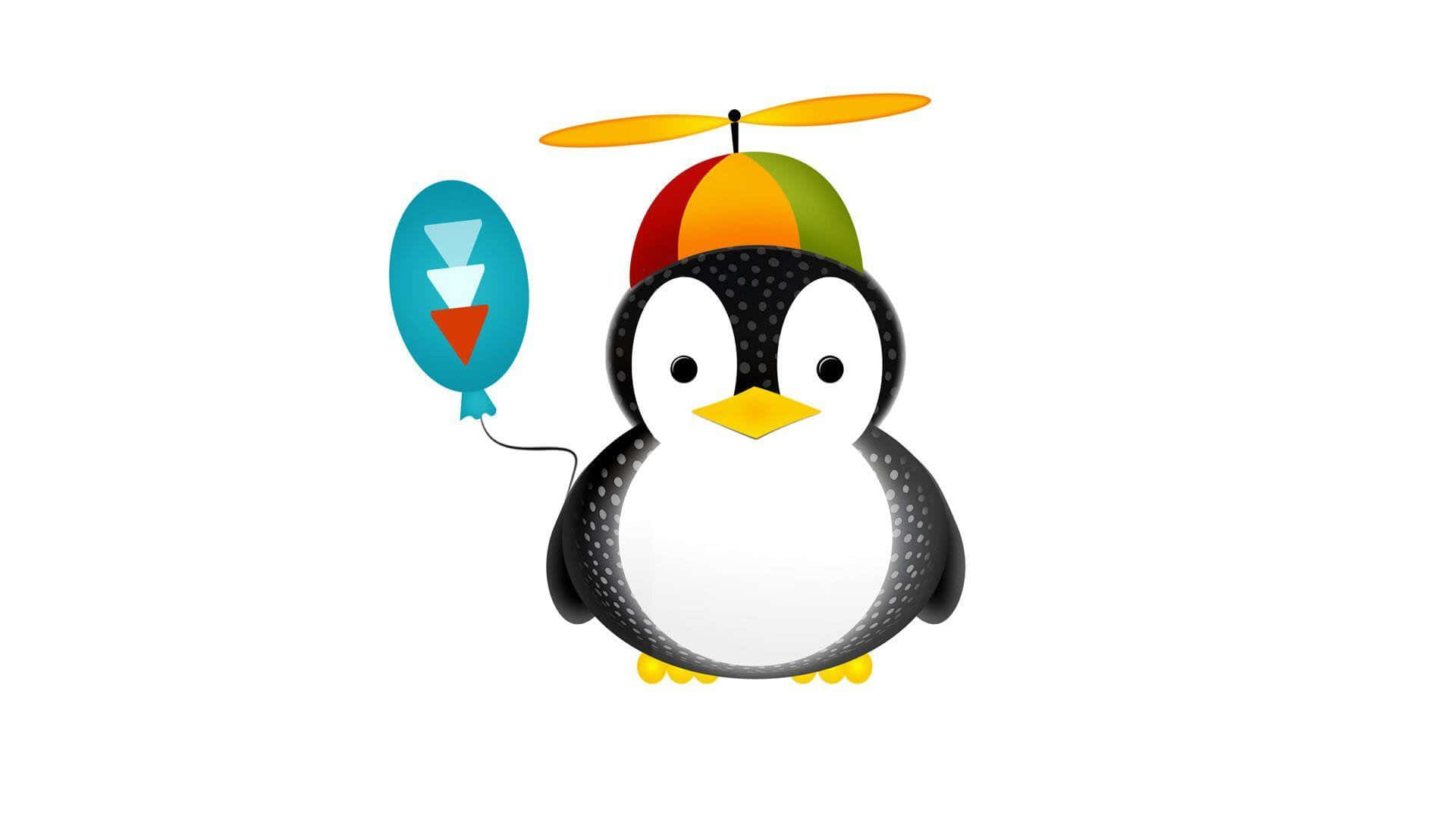 A Penguin Wearing A Colorful Hat And Holding A Balloon