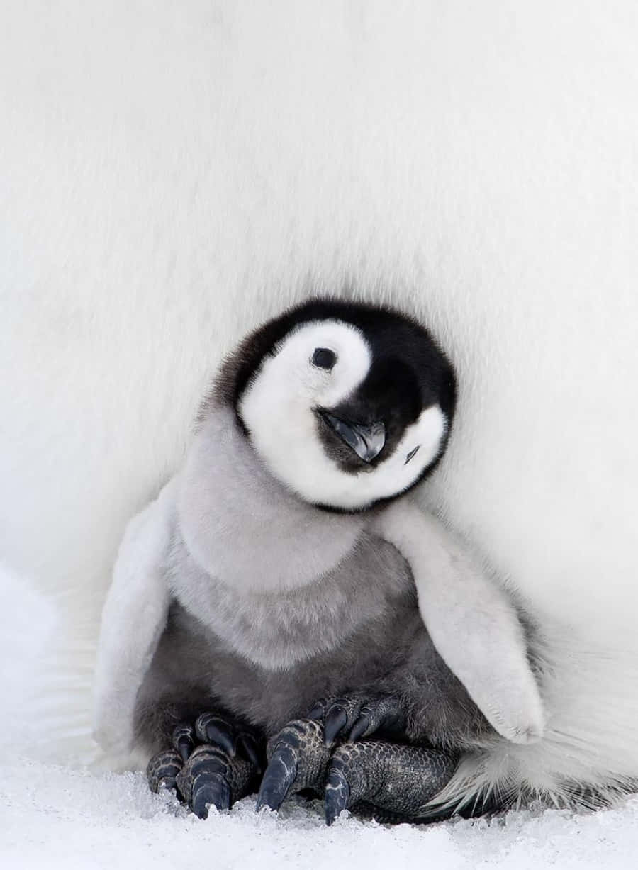 Uncucciolo Di Pinguino È Seduto In Cima A Una Superficie Bianca E Nevosa.