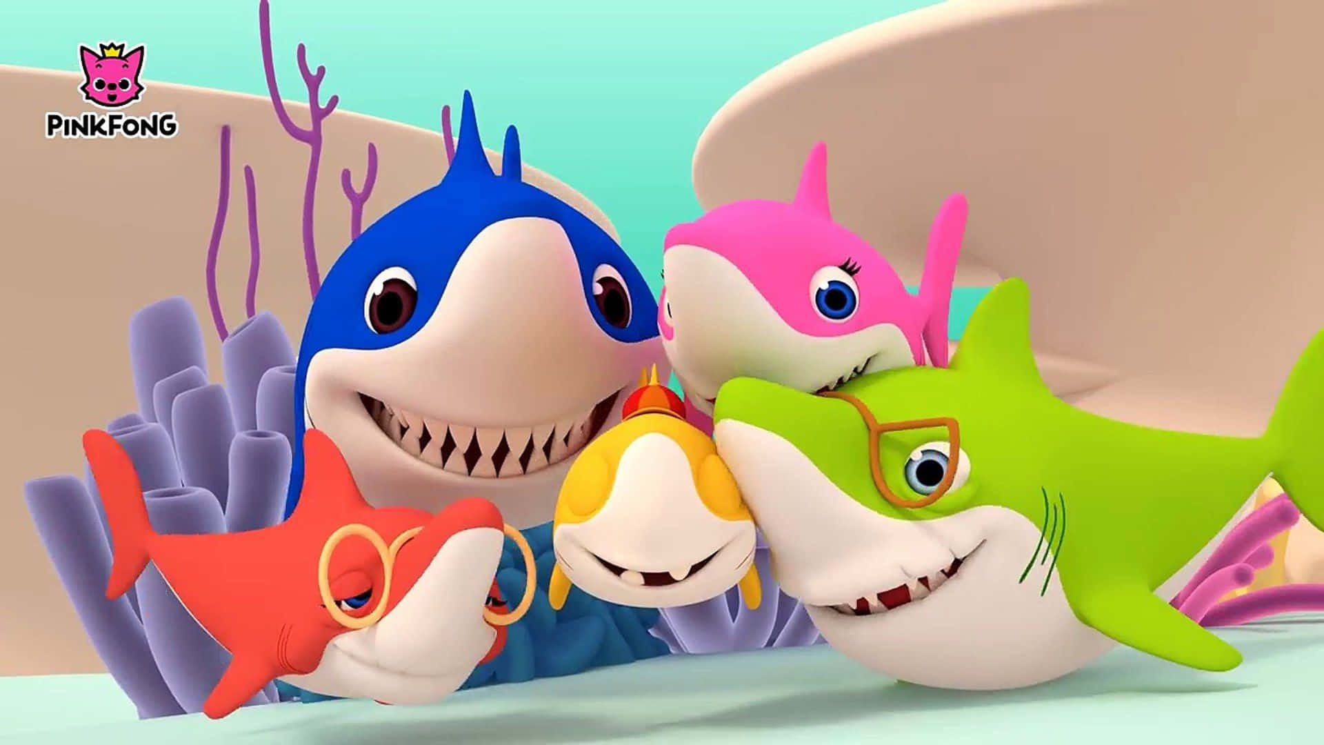 Bakgrundsbildmed Baby Shark, Baby Shark-familjen Som Kramar.