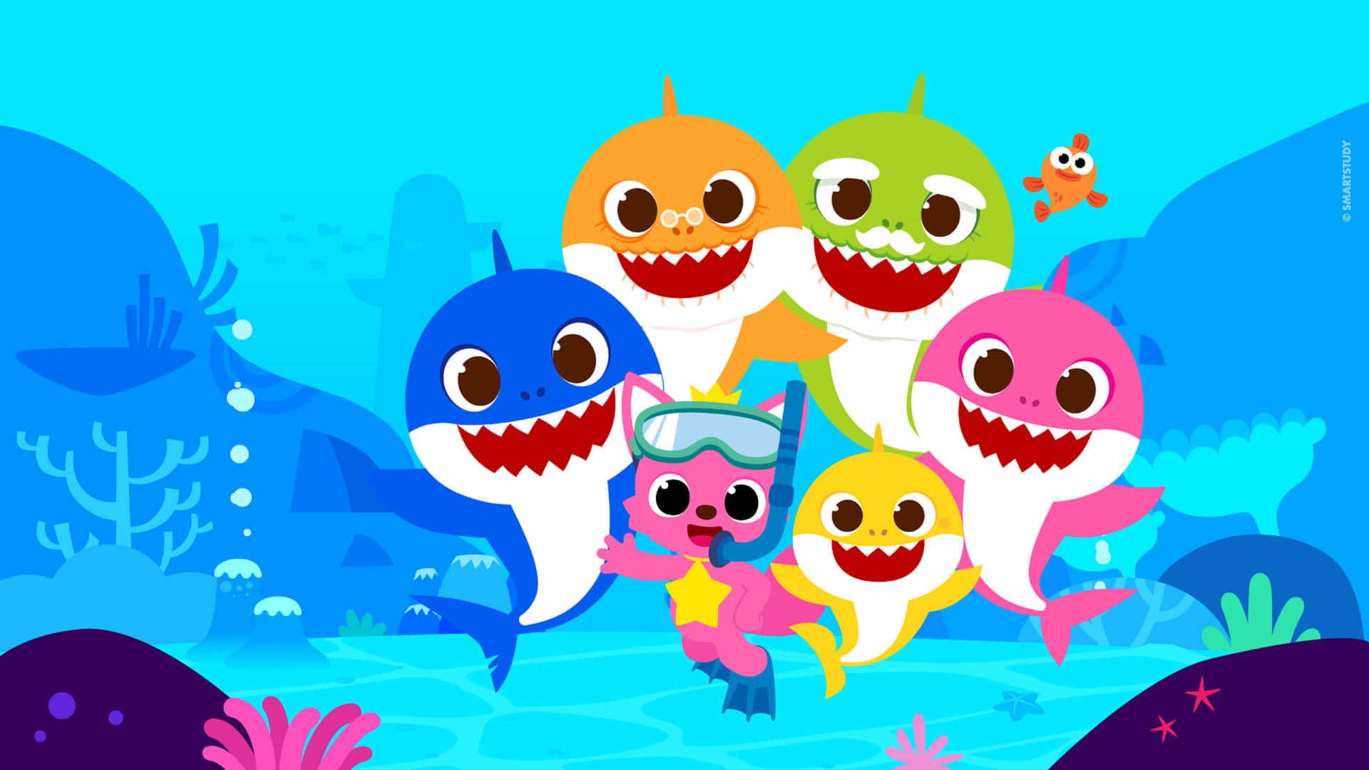 Babyshark Hintergrund Mit Pinkfong Und Der Baby Shark Familie