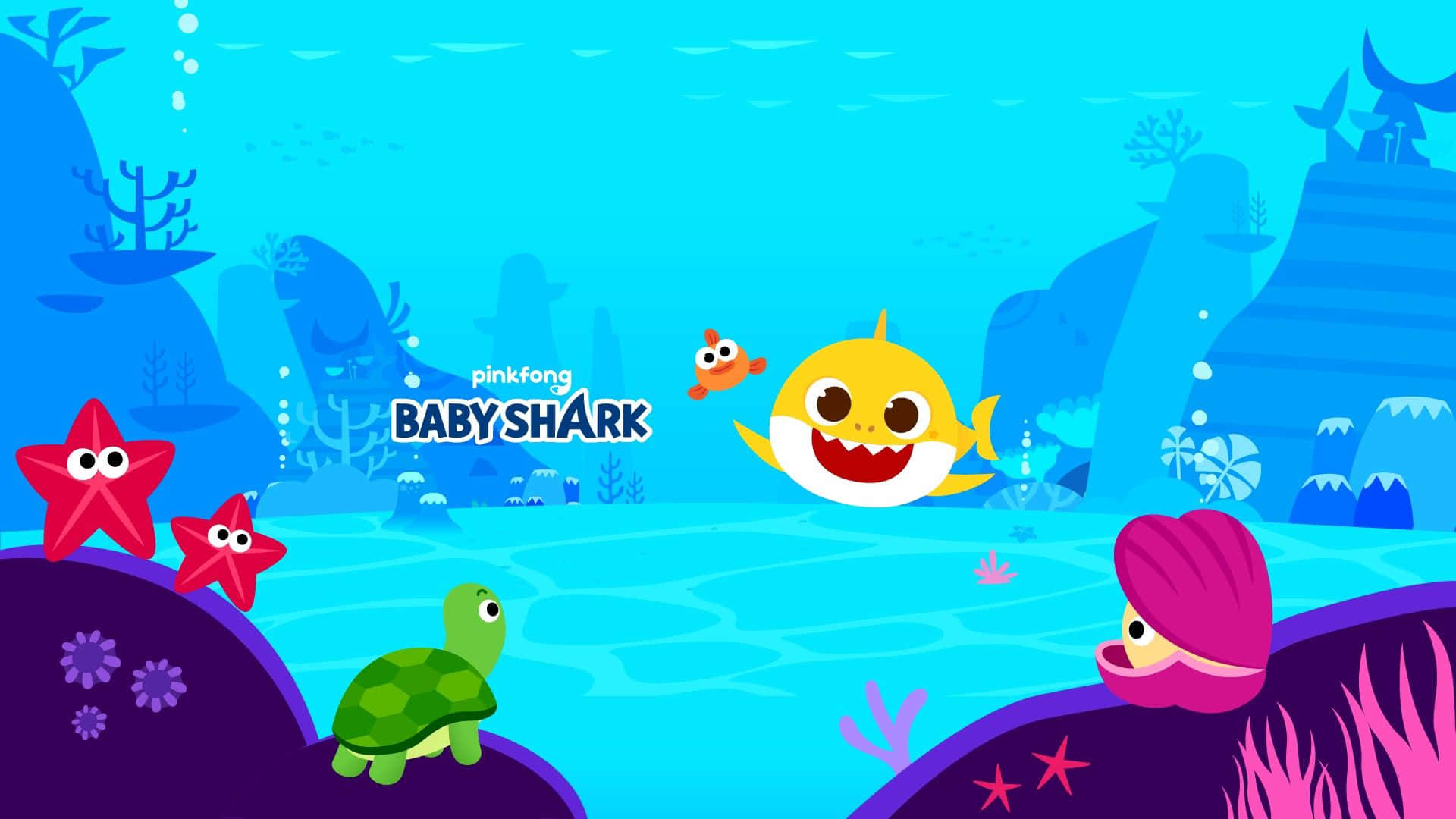 Babyshark Bakgrund Baby Shark Med Andra Akvatiska Djur
