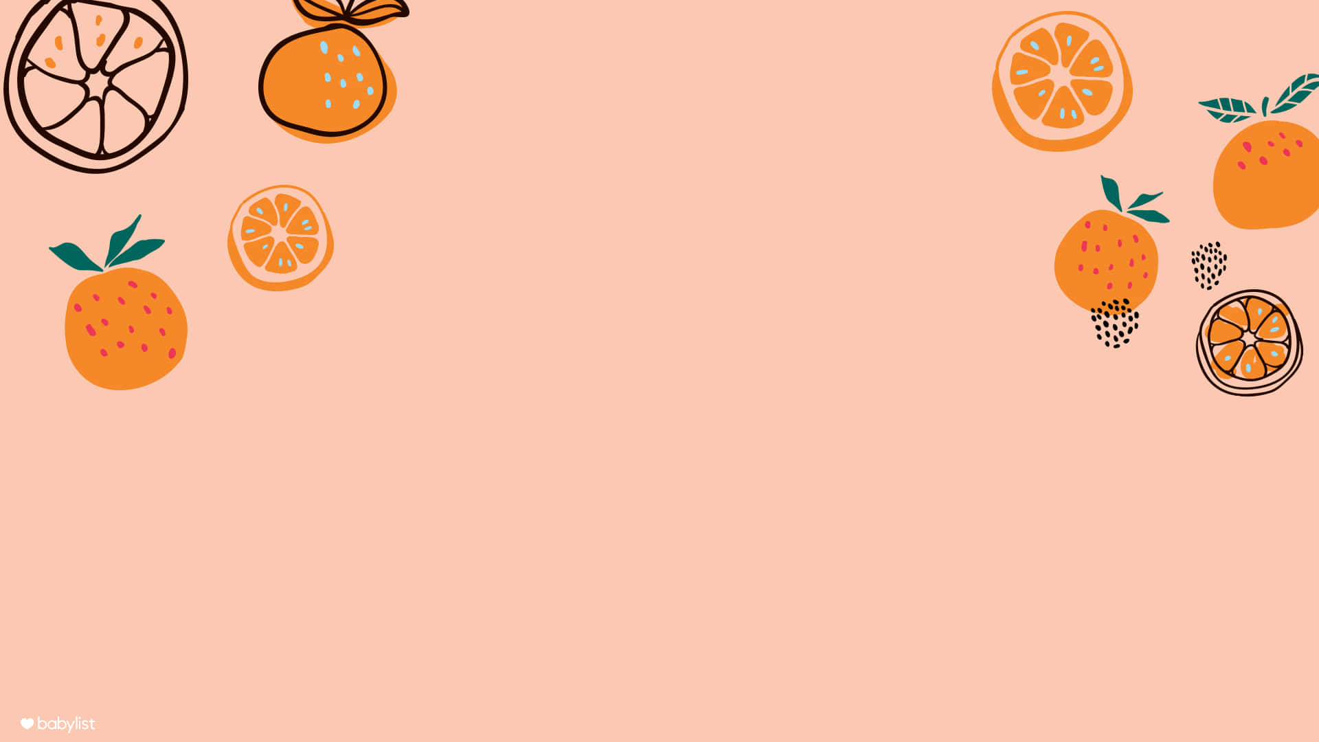 Bagden Baby Shower Zoom Orange Frugt og Blomster Grafisk baggrund