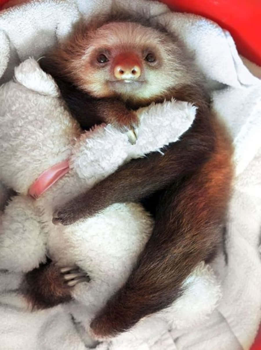A Sloth Is Laying In A Basket With A Stuffed Animal
